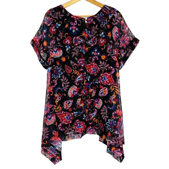 Stitch Fix Estelle Multicolor Short Sleeve Sheer Floral Asymmetric Blouse 14 - Picture 2 of 10